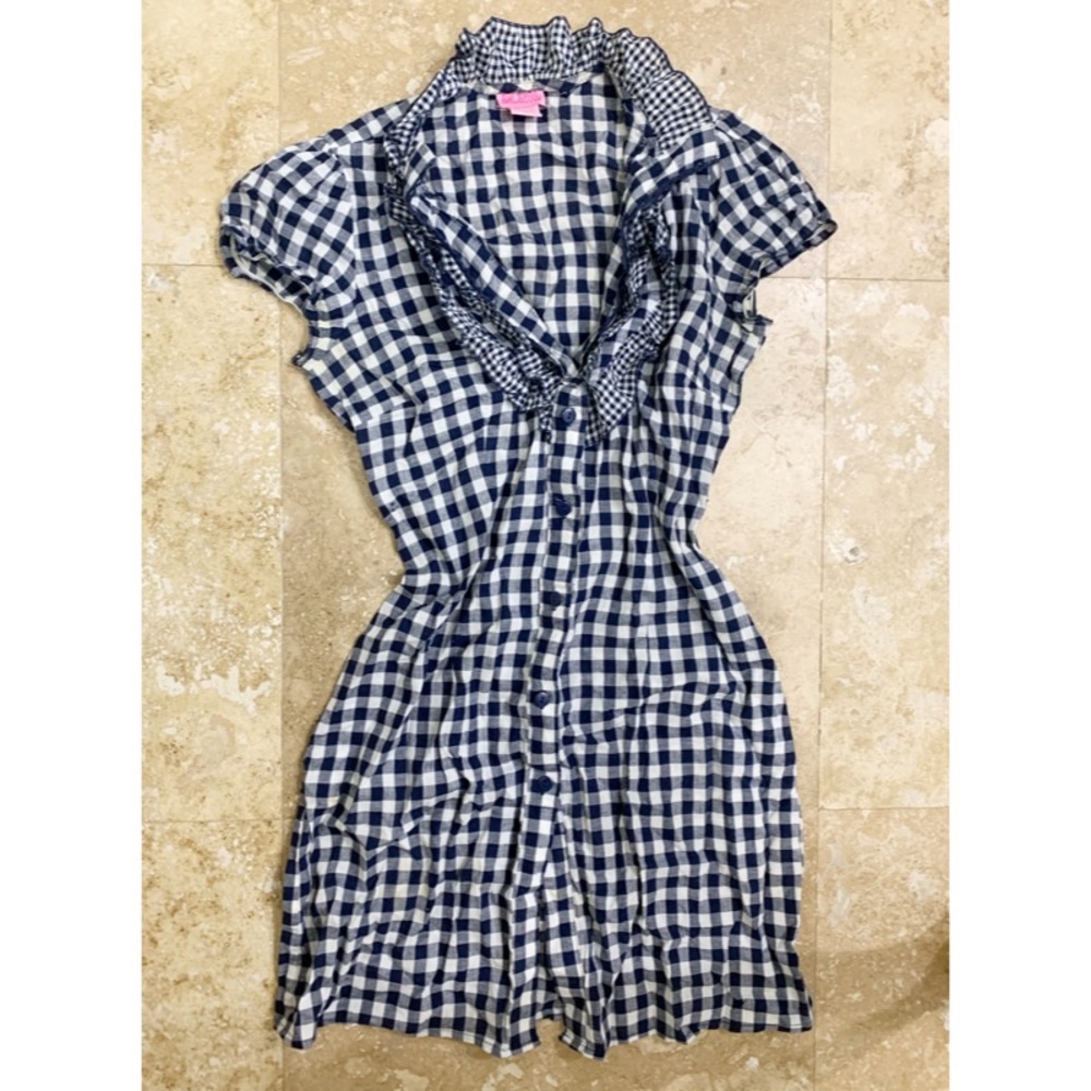 Blue White Checker Babydoll Fringe Button Up Dress